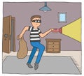 Cartoon thief man in the house at night and walks with a flashlight, vector illustration Royalty Free Stock Photo