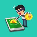 Cartoon a thief stealing money from smartphone Royalty Free Stock Photo