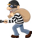 Cartoon Thief walking and carrying a bag with flashlight