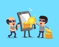 Cartoon thieves stealing money from smartphone Royalty Free Stock Photo