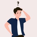 Cartoon thinking man with question mark vector illustration. Male is confusing. Portrait of thoughtful boy. smart men thinking or