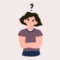 Cartoon thinking woman with question mark vector illustration. Female is confusing. Portrait of thoughtful girl. smart women