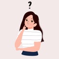 Cartoon thinking woman with question mark vector illustration. Female is confusing. Portrait of thoughtful girl. smart women