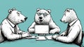 A cartoon of three bears sitting at a table with laptops, AI Royalty Free Stock Photo