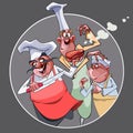 Cartoon three funny cooks prepared food