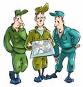 Cartoon three funny soldiers stand and look at the map