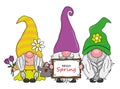 Cartoon three gnomes with flowers and hello spring sign Royalty Free Stock Photo