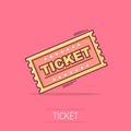 Cartoon ticket icon in comic style. Admit one illustration pictogram. Admit one splash business concept