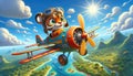 Cartoon tiger flying a biplane over a tropical island