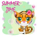 Cartoon tiger hula dancer. Hawaii, Vacation, Sea, Vacation. Summer is coming. Children's style, sweetheart. Symbol of
