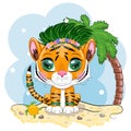 Cartoon tiger hula dancer. Hawaii, Vacation, Sea, Vacation. Summer is coming. Children's style, sweetheart. Symbol of