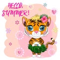 Cartoon tiger hula dancer. Hawaii, Vacation, Sea, Vacation. Summer is coming. Children's style, sweetheart. Symbol of