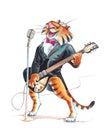 Cartoon Tiger plays bass guitar and sings into microphone in tailcoat with watercolors and colored pencils.