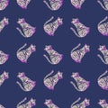 Cartoon tiger seamless pattern with simple purple predator tiger print. Navy blue background. Doodle artwork