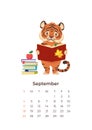 cartoon tiger September 2022 calendar A4 vertical template.