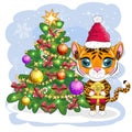 Cartoon tiger wearing a santa hat holding a gift by the christmas tree. Children's style, sweetheart. Symbol of the year