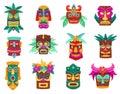 Cartoon tiki masks. Hawaiian bamboo totems, ancient tropical wooden tribal statues and island gods sculptures vector set