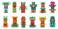 Cartoon tiki totem. Tropical wooden mask statue, tribal island bamboo totems and Hawaiian gods sculptures isolated Royalty Free Stock Photo