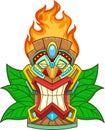 Cartoon Tiki Tribal Wooden Mask With Flames And Leaves Royalty Free Stock Photo