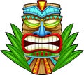 Cartoon Tiki Tribal Wooden Mask With Leaves Royalty Free Stock Photo