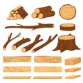 Cartoon timber. Pine wood timbers, planks stacks and old firewood objects. Lumbers pile, forest stumps and log tree