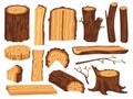 Cartoon timber. Wood logs and trunks, timbers wooden. Tree branches, isolated natural forest objects. Eco materials for