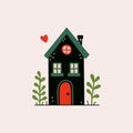 Cartoon tiny forest house. Cute cottage with chimney and smoke heart shape, flat one storey country building with door Royalty Free Stock Photo