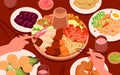 Cartoon tiny happy family people gathering together and cooking delicious hot feast meal in pot on table, cute