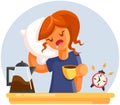 Cartoon Tired sleepy yawning woman with cup of coffee. Flat style illustration