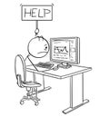 Cartoon of Tired or Stressed Man or Businessman Working on Computer Holding Help Sign Royalty Free Stock Photo