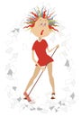 Cartoon tired woman tidying up illustration isolated