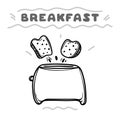 Cartoon toaster with toasts. Hand drawn illustration.