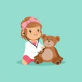 Cartoon toddler girl playing doctor, examining her plush teddy bear toy with stethoscope. Flat design baby character in Royalty Free Stock Photo