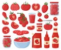 Cartoon tomato food ingredient, red vegetables and ketchup. Cherry tomatoes, sliced and chopped vegetables and tomato in bowl flat