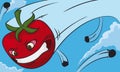 Cartoon Tomato Thrown at Full Speed in a Tomato Battle, Vector Illustration