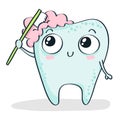 Cartoon tooth brushing itself on white Royalty Free Stock Photo