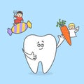 Cartoon tooth choosing a carrot from angel, ignoring candy from devil