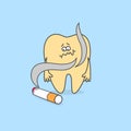 Cartoon tooth with cigarette. Dental care concept.