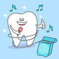 Cartoon tooth with dental floss. Flossing teeth. Tooth singing