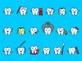 Cartoon tooth. Dental smile characters with braces and funny dentist brush. Cavity extraction. Happy and sad faces Royalty Free Stock Photo