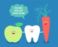 Cartoon tooth with green apple and carrot. Good food for your teeth. Royalty Free Stock Photo