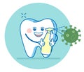 Cartoon tooth holds sanitizer spray for disinfecting contact surfaces from the virus.