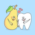 Cartoon tooth with a pear. Good habits for your teeth.