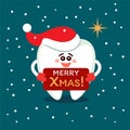 Cartoon tooth in Santa hat. Merry Christmas from dentistry. Royalty Free Stock Photo