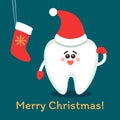 Cartoon tooth in Santa hat with a sock. Merry Christmas! Royalty Free Stock Photo