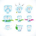 Cartoon tooth, teeth icon set, cartoon characters. Family, protecting, couple, with ribbons, with toothbrush, with caries.