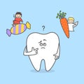 Cartoon tooth thinking with angel and devil. Candy and carrot Royalty Free Stock Photo