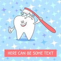 Cartoon tooth with a toothbrush and toothpaste. Smiling tooth. Dental illustration on seamless pattern with sparkles