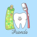 Cartoon tooth with a toothpaste and a toothbrush, best friends. Brushing teeth Royalty Free Stock Photo