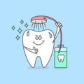 Cartoon tooth washes with a mouthwash. Dental care concept.